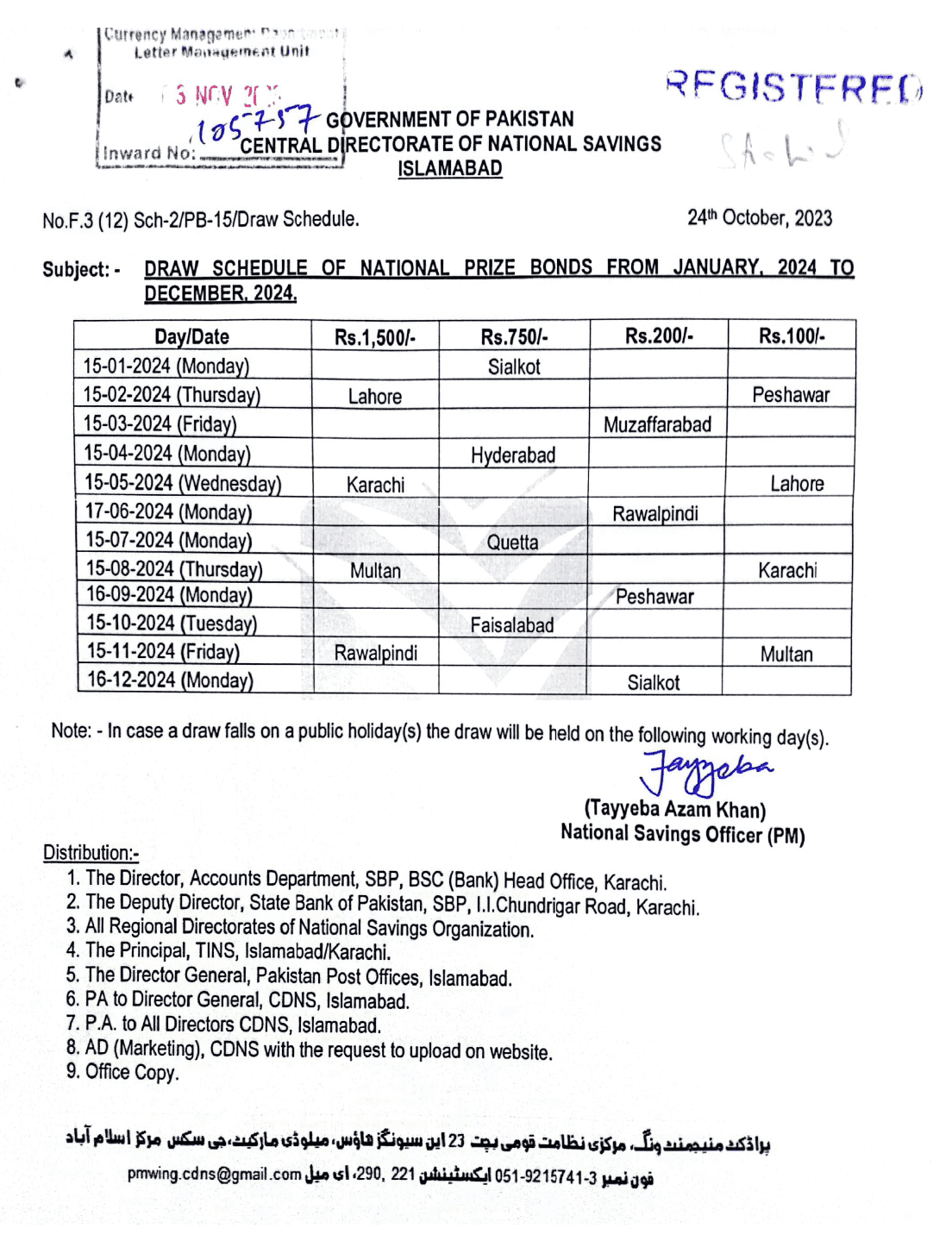 Official Prize Bond Draw Schedule 2024