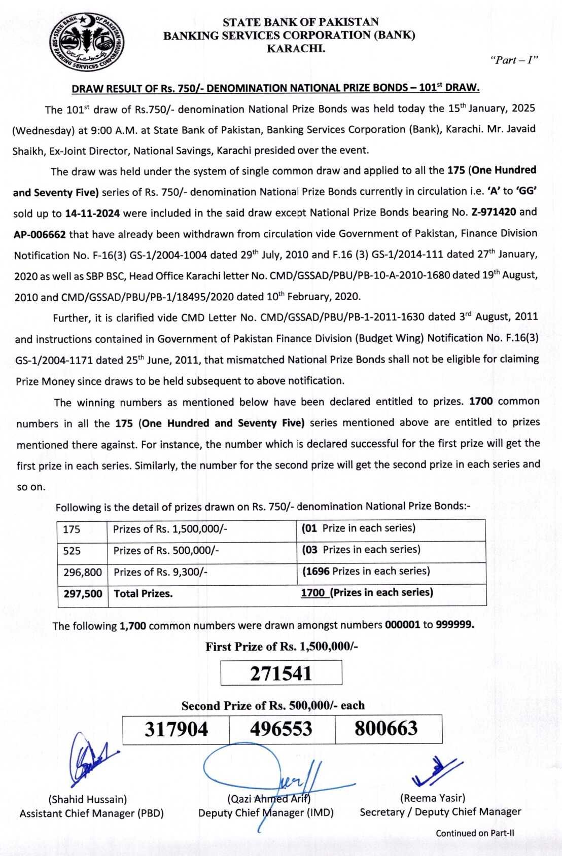 Draw Result Rs 750 101 - 15-01-2025